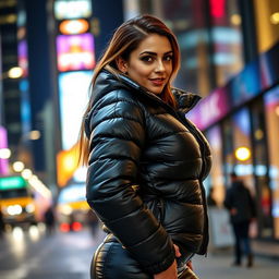 A beautiful woman in a tight, shiny black puffer jacket that accentuates her significant curves and voluptuous figure