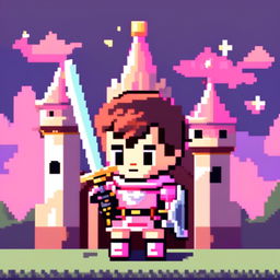Pixel art profile picture featuring an adorable knight in pastel pink armor, holding a large sword, standing against a castle under a starry twilight sky, with a Wes Anderson-inspired color palette