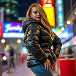 A beautiful woman in a tight, shiny black puffer jacket that accentuates her significant curves and voluptuous figure