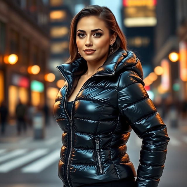 A beautiful woman in a tight, shiny black puffer jacket that accentuates her significant curves and voluptuous figure