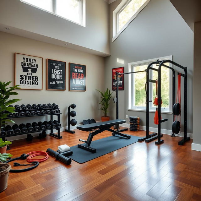 A home gym setup designed for strength training, showcasing a variety of equipment such as dumbbells, resistance bands, a bench press, and a squat rack