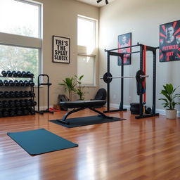 A home gym setup designed for strength training, showcasing a variety of equipment such as dumbbells, resistance bands, a bench press, and a squat rack