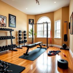 A home gym setup designed for strength training, showcasing a variety of equipment such as dumbbells, resistance bands, a bench press, and a squat rack