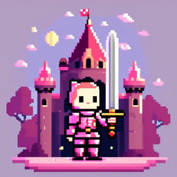 Pixel art profile picture featuring an adorable knight in pastel pink armor, holding a large sword, standing against a castle under a starry twilight sky, with a Wes Anderson-inspired color palette