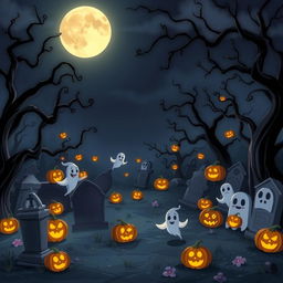 A dark and spooky animated cemetery in a charming Disney style
