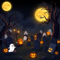 A dark and spooky animated cemetery in a charming Disney style