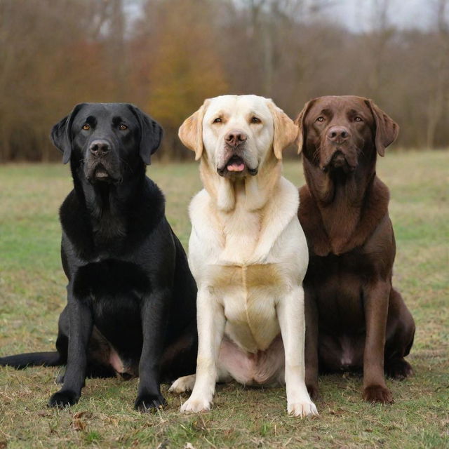 Three Labrador dogs, one with a glossy black coat, one with a rich brown coat, and one with a bright yellow coat.