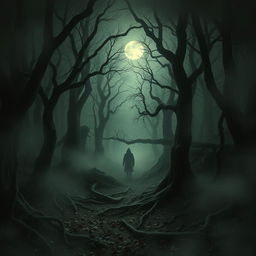 A chilling scene set in the Whispering Woods, a dense, dark forest filled with gnarled trees and thick fog that swirls ominously