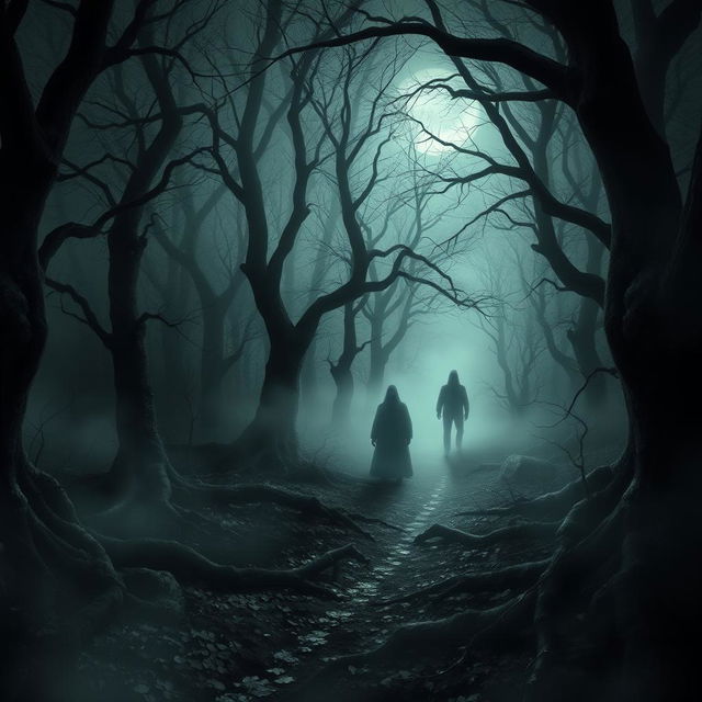 A chilling scene set in the Whispering Woods, a dense, dark forest filled with gnarled trees and thick fog that swirls ominously