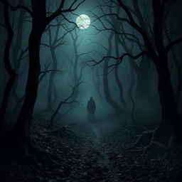 A chilling scene set in the Whispering Woods, a dense, dark forest filled with gnarled trees and thick fog that swirls ominously