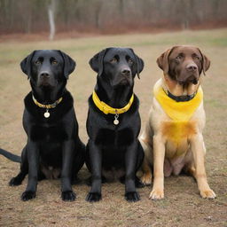 Three Labrador dogs, one with a glossy black coat, one with a rich brown coat, and one with a bright yellow coat.