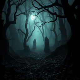 A chilling scene set in the Whispering Woods, a dense, dark forest filled with gnarled trees and thick fog that swirls ominously