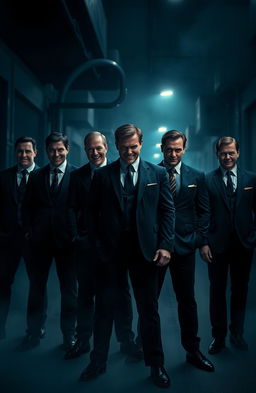 A group of men in dark, tailored suits standing confidently, each wearing an evil grin that reveals their sinister intentions