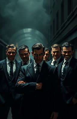 A group of men in dark, tailored suits standing confidently, each wearing an evil grin that reveals their sinister intentions