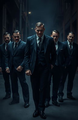 A group of men in dark, tailored suits standing confidently, each wearing an evil grin that reveals their sinister intentions