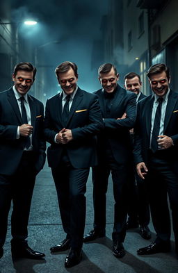 A group of men in dark, tailored suits standing confidently, each wearing an evil grin that reveals their sinister intentions