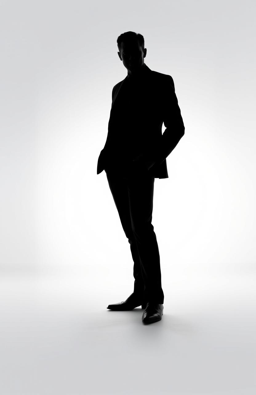 A dramatic silhouette of a man in a suit with an evil grin, standing confidently against a stark white background