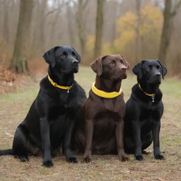 Three Labrador dogs, one with a glossy black coat, one with a rich brown coat, and one with a bright yellow coat.