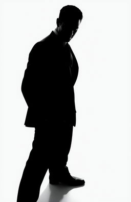 A dramatic silhouette of a man in a suit with an evil grin, standing confidently against a stark white background