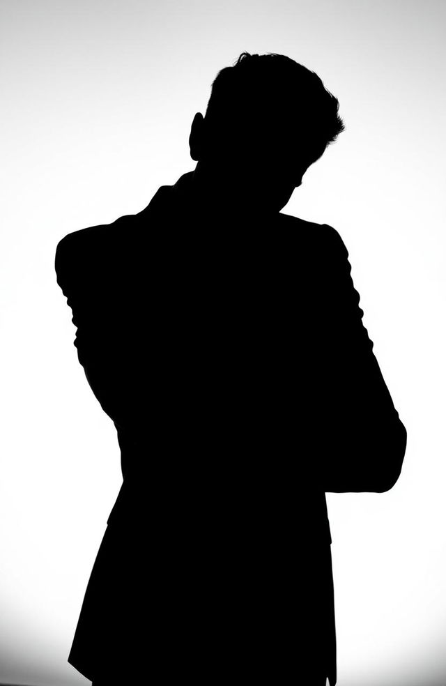 A dramatic silhouette of a man in a suit with an evil grin, standing confidently against a stark white background