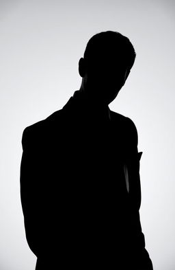 A dramatic silhouette of a man in a suit with an evil grin, standing confidently against a stark white background