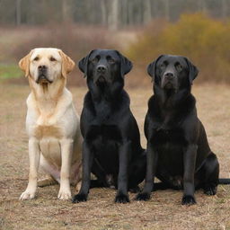 Three Labrador dogs, one with a glossy black coat, one with a rich brown coat, and one with a bright yellow coat.