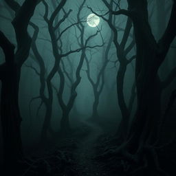 A haunting scene in The Whispering Woods, where an enveloping fog obscures twisted, gnarled trees with intricate bark patterns