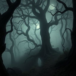 A haunting scene in The Whispering Woods, where an enveloping fog obscures twisted, gnarled trees with intricate bark patterns