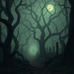 A haunting scene in The Whispering Woods, where an enveloping fog obscures twisted, gnarled trees with intricate bark patterns