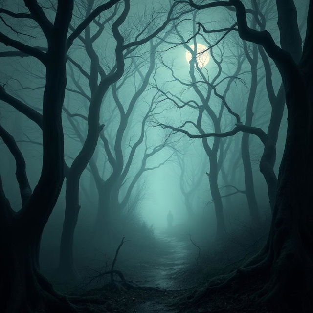 A haunting scene in The Whispering Woods, where an enveloping fog obscures twisted, gnarled trees with intricate bark patterns