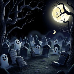 A dark and whimsical animated cemetery in a delightful Disney style