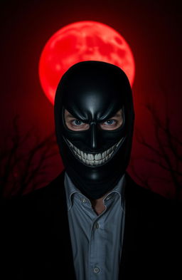 A sinister man wearing a dark mask and displaying an evil grin, standing in the foreground