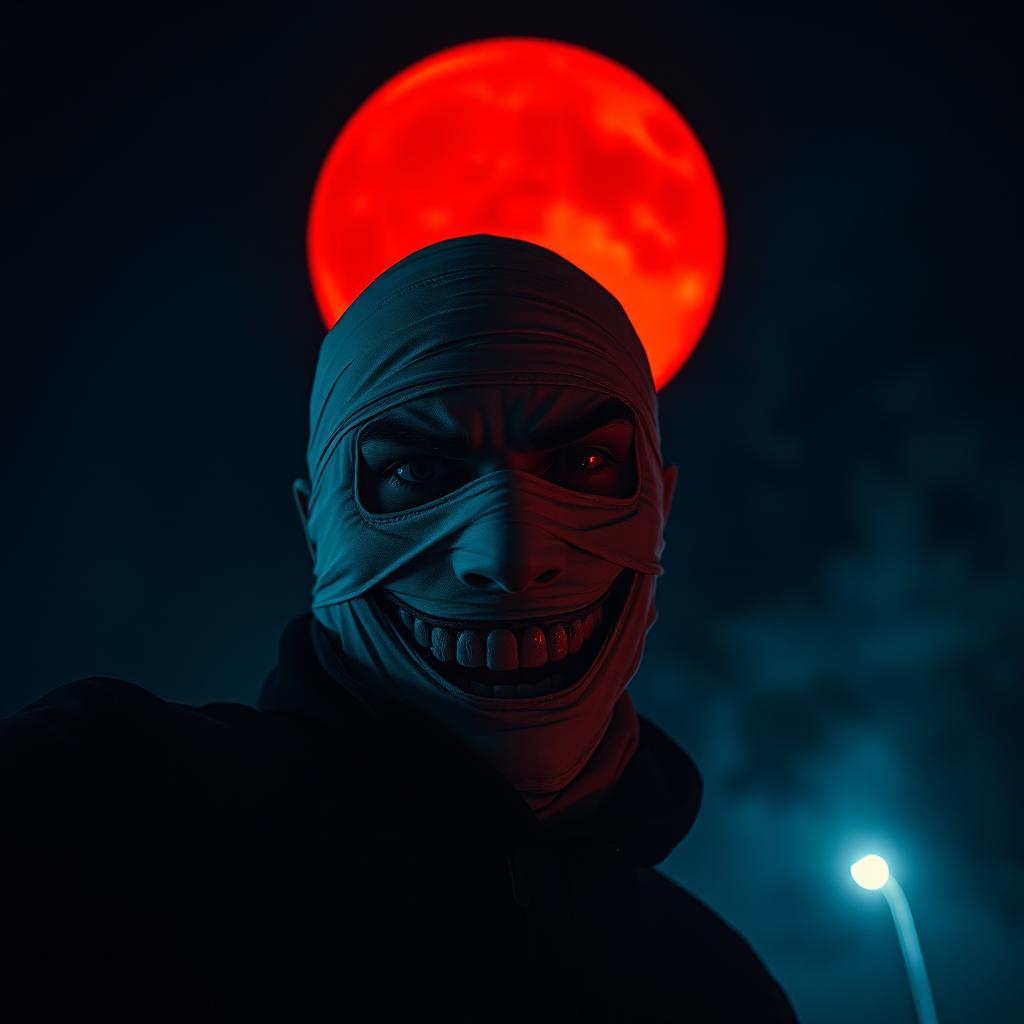 A sinister-looking man wearing a bandage mask and showing an evil grin, positioned prominently in the foreground