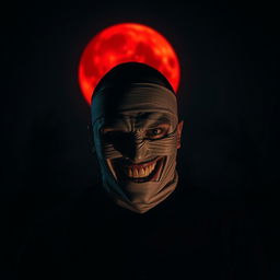 A sinister-looking man wearing a bandage mask and showing an evil grin, positioned prominently in the foreground