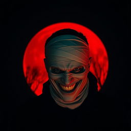 A sinister-looking man wearing a bandage mask and showing an evil grin, positioned prominently in the foreground