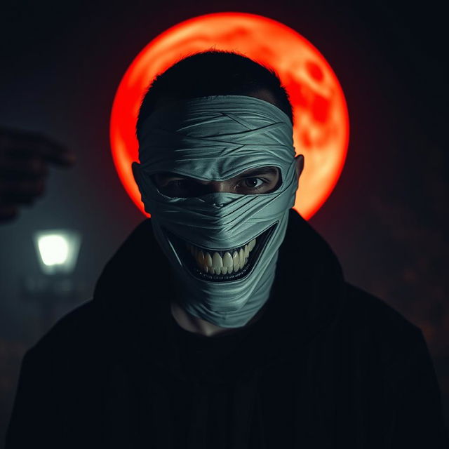 A sinister-looking man wearing a bandage mask and showing an evil grin, positioned prominently in the foreground