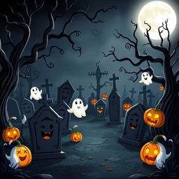 A dark and whimsical animated cemetery designed in a delightful Disney style