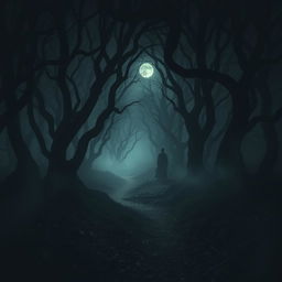 An unsettling scene set in The Whispering Woods, featuring dense, twisted trees shrouded in swirling mist