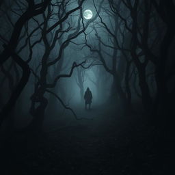 An unsettling scene set in The Whispering Woods, featuring dense, twisted trees shrouded in swirling mist