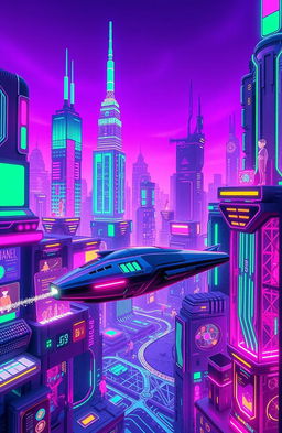 A futuristic digital landscape featuring vibrant neon colors and complex geometrical patterns