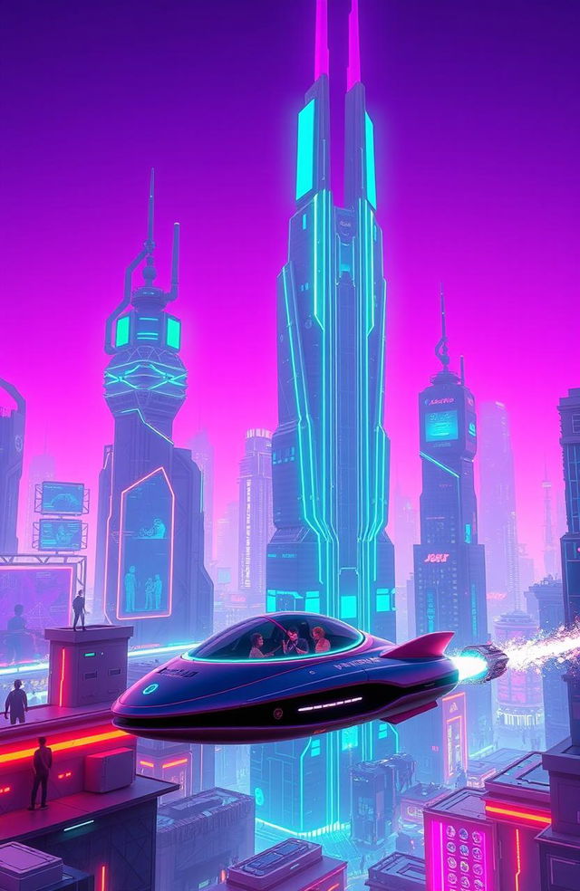 A futuristic digital landscape featuring vibrant neon colors and complex geometrical patterns