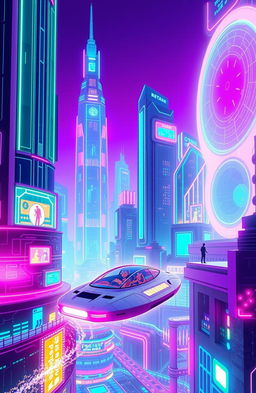 A futuristic digital landscape featuring vibrant neon colors and complex geometrical patterns