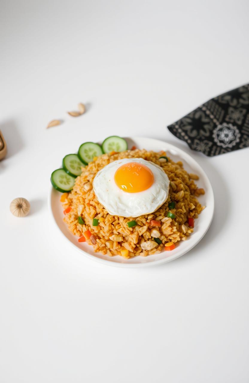 A beautifully arranged plate of minimalist Indonesian food featuring Nasi Goreng (fried rice) garnished with fresh cucumber slices, a fried egg on top, and a sprinkle of fried shallots