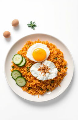 A beautifully arranged plate of minimalist Indonesian food featuring Nasi Goreng (fried rice) garnished with fresh cucumber slices, a fried egg on top, and a sprinkle of fried shallots