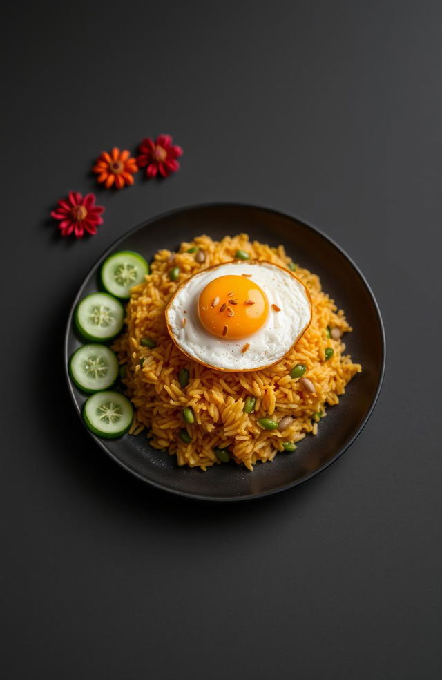 A beautifully arranged plate of minimalist Indonesian food featuring Nasi Goreng (fried rice) garnished with fresh cucumber slices, a fried egg on top, and a sprinkle of fried shallots