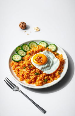 A beautifully arranged plate of minimalist Indonesian food featuring Nasi Goreng (fried rice) garnished with fresh cucumber slices, a fried egg on top, and a sprinkle of fried shallots