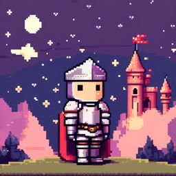 Pixel art profile picture of a knight in a full suit of armor, standing against a castle backdrop under a starry twilight sky