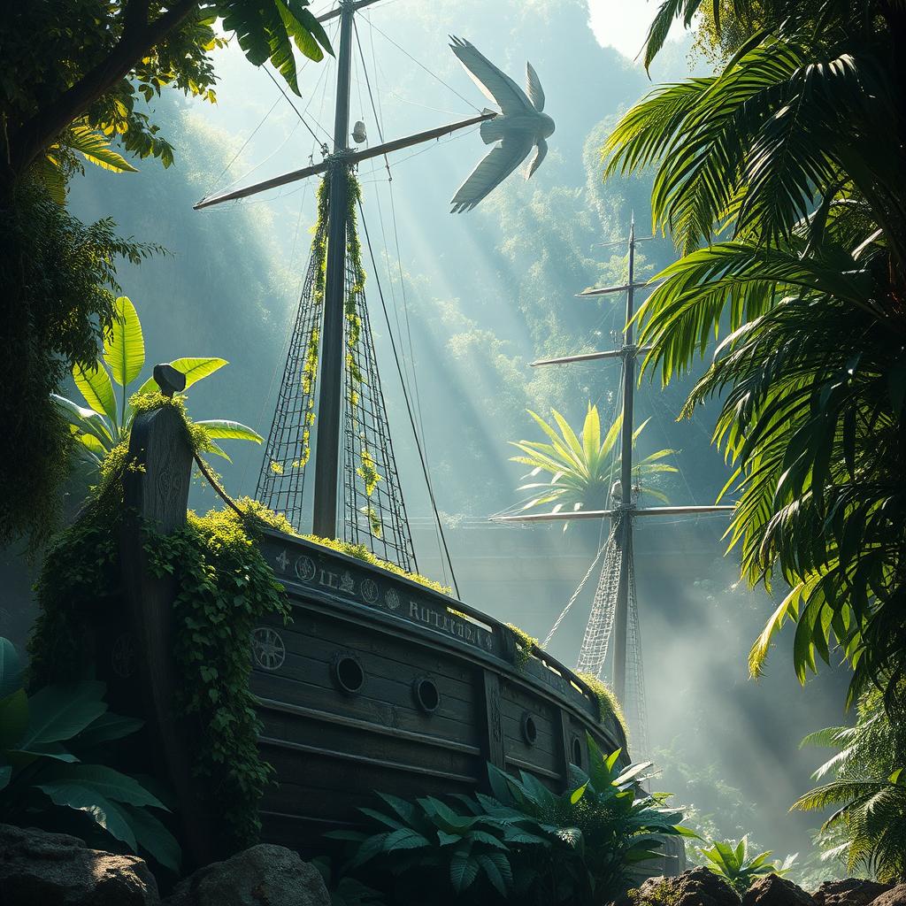 A breathtaking scene featuring an ancient warship, partially concealed by the lush greenery of a mysterious jungle