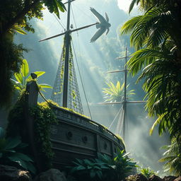 A breathtaking scene featuring an ancient warship, partially concealed by the lush greenery of a mysterious jungle