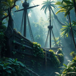 A breathtaking scene featuring an ancient warship, partially concealed by the lush greenery of a mysterious jungle